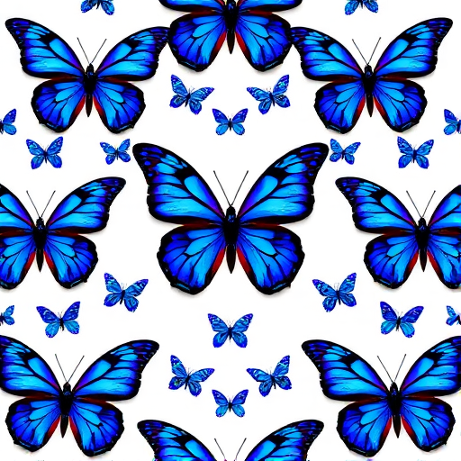 Create a repeating pattern of butterflies in vibrant shades of blue and purple on a white background. Ensure the butterflies are symmetrical and evenly spaced, showcasing their intricate wing designs. The overall arrangement should be visually appealing and balanced.