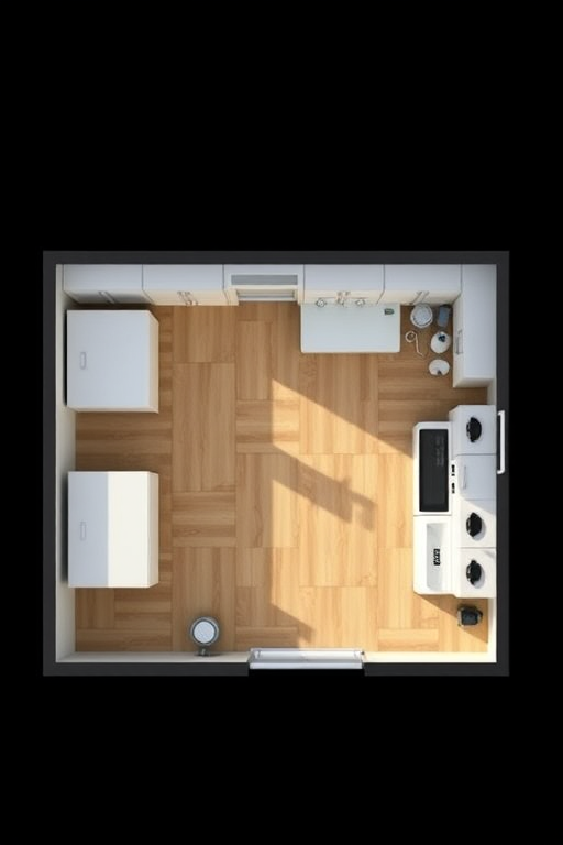Create a detailed floor plan of a kitchen, showcasing a refrigerator, oven, sink, and cabinets, with a modern minimalist style, shot from a top-down view, using a DSLR camera at f/8 aperture, ISO 100, 24mm focal length, natural lighting for enhanced clarity.