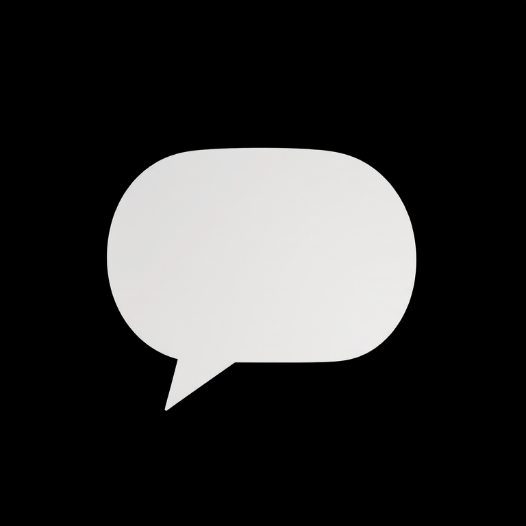 Create a high-resolution simple white speech bubble on a black background, using a Canon EOS R5, aperture f/2.8, ISO 100, 50mm lens, and a slight vignette effect for depth.