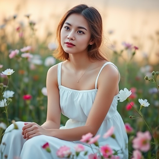 a young woman in a white dress sitting among flowers with a dreamy expression, soft focus background, natural light, aperture f/2.8, shutter speed 1/200s, ISO 100, 85mm lens, portrait orientation, DSLR camera