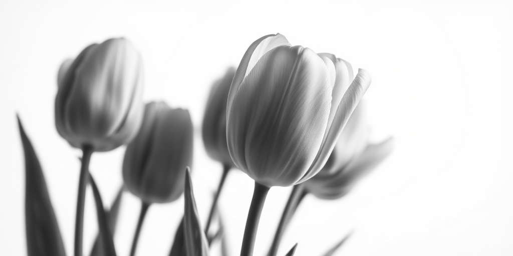 high-contrast monochrome image of tulips against a white background, shallow depth of field, aperture f/2.8, shutter speed 1/125 sec, ISO 100, macro lens, soft natural lighting, portrait orientation, digital camera