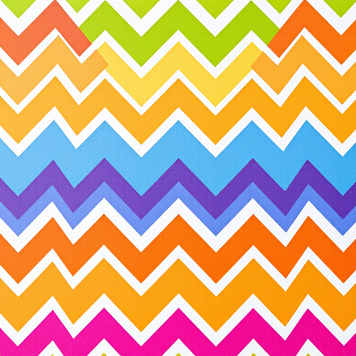 generate a vibrant chevron pattern in bright colors such as pink, green, purple, orange, and blue with a white background, using a high-resolution digital camera, focal length of 35mm, aperture set to f/8, ISO 100, in a top-down view to capture intricate details and enhance color contrast.