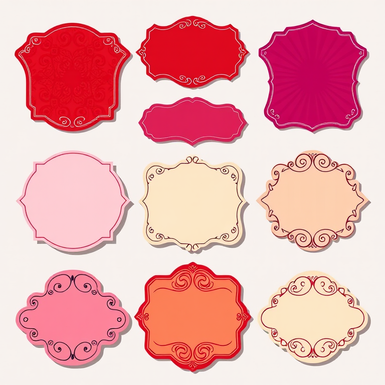 Create a set of nine decorative label shapes in a grid format, featuring bold colors like red, purple, pink, and beige with elegant scrollwork elements; use a Canon EOS R5, aperture f/2.8, ISO 100, 24mm lens, natural lighting for enhanced clarity and vibrant color accuracy, captured from an above perspective.