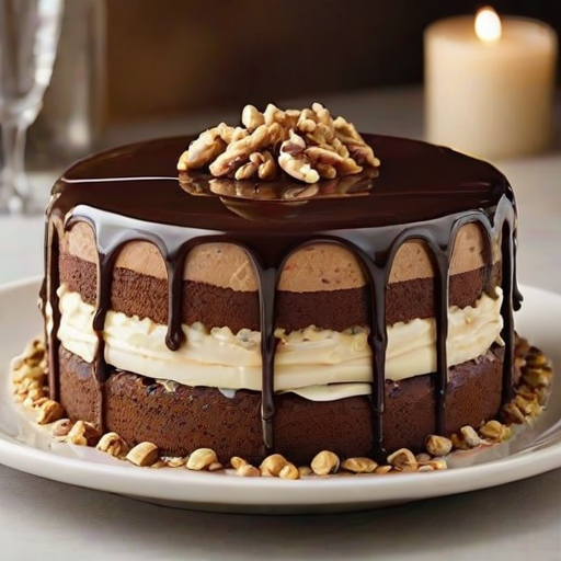 Generate an image of a decadent layered cake featuring rich chocolate ganache drizzled over the top, adorned with swirls of cream and sprinkled with crushed nuts. The cake has a glossy finish and a variety of textures, showcasing layers of creamy filling and a chocolate crust. The setting is warm and inviting, with soft lighting that enhances the dessert's appeal.
