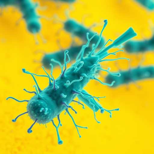 Create a vibrant illustration of green bacteria with flagella on a textured yellow background, using a macro lens at f/2.8, 1/250s shutter speed, ISO 200, shot with a DSLR camera in high-quality digital format.