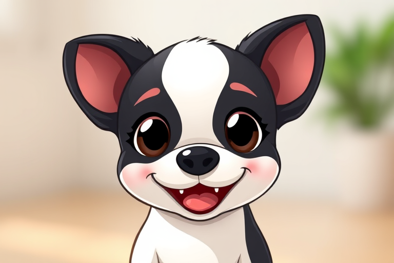 Create a cute cartoon-style illustration of a small black and white puppy with big expressive eyes and a happy expression, set against a soft blurred background, captured using a DSLR camera at f/1.8 aperture, ISO 100, with a 50mm lens, in bright natural lighting to enhance texture and color vibrancy.