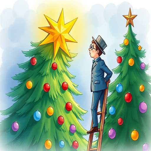 A whimsical cartoon of a man in a suit and hat decorating a large Christmas tree with a star, standing on a tall ladder, soft focus, 50mm lens, f/1.8 aperture, ISO 200, natural lighting, portrait orientation, watercolor style.