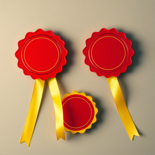 Create a high-resolution image of two red awards with yellow ribbons, one with a scalloped edge and one with a classic edge, using a Canon EOS R5, 50mm lens, f/2.8 aperture, ISO 100, and soft, diffused lighting for clarity and vibrant colors.