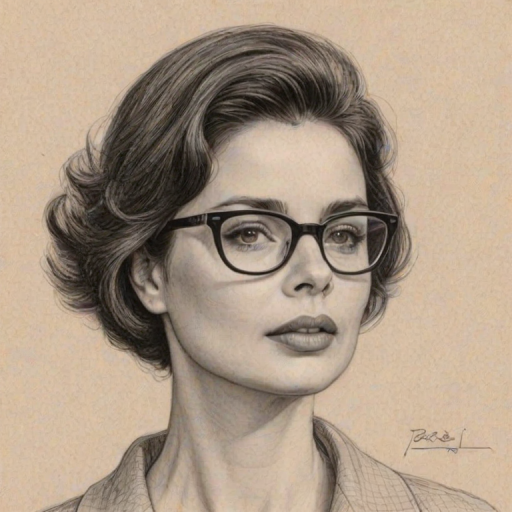 Captivating Isabella Rossellini, pencil sketch, portrait of Wonderful woman 1957s in glasses, hair style beatnik, outline, clear lines, fine lines, 8k
