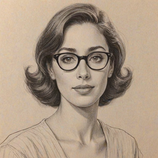 Magnificent Catherine Reitman, pencil sketch, portrait of Superb woman 1954s in glasses, hair style beatnik, outline, clear lines, fine lines, 8k