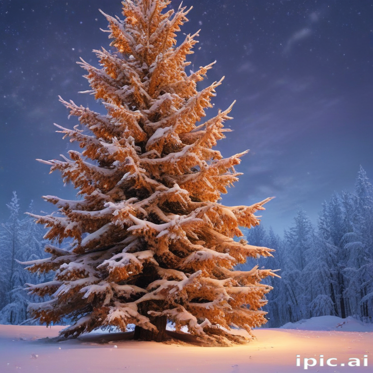 A Majestic Snow-Covered Pine Tree Illuminated Under a Starry Night Sky.