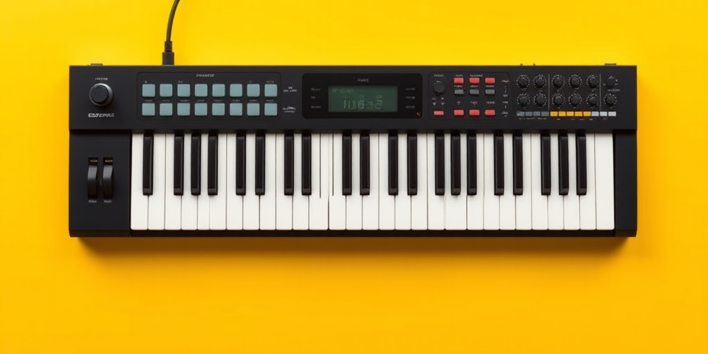 Create a high-resolution, flat design illustration of a MIDI keyboard with a vibrant yellow background, using a Canon EOS R5, 50mm lens, f/2.8 aperture, ISO 100, with a slight top-down angle for emphasis on the keys and pads.
