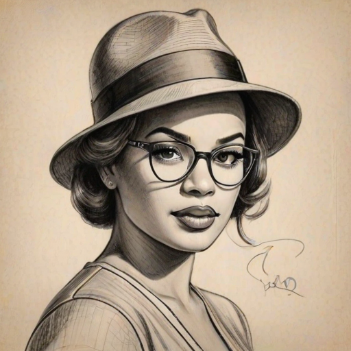 Bewitching Ne-Yo, pencil sketch, portrait of Superb woman 1937s in glasses, hair style beatnik, outline, clear lines, fine lines, 8k