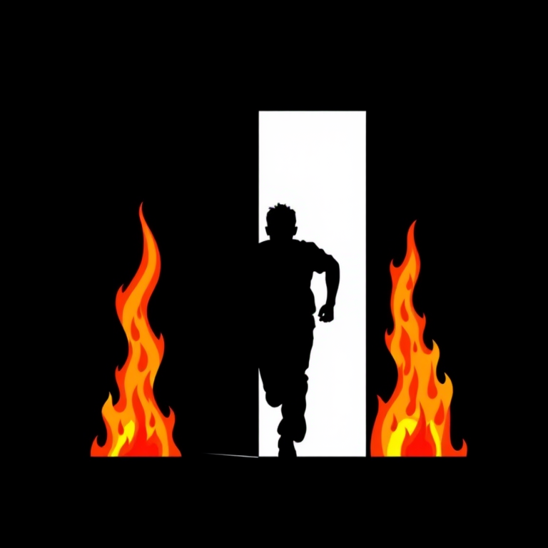Create a minimalist vector illustration of a silhouette of a person running away from a doorway with flames representing hell, using a 50mm lens, f/2.8 aperture, 1/100s shutter speed, in high contrast style, shot with a DSLR camera.