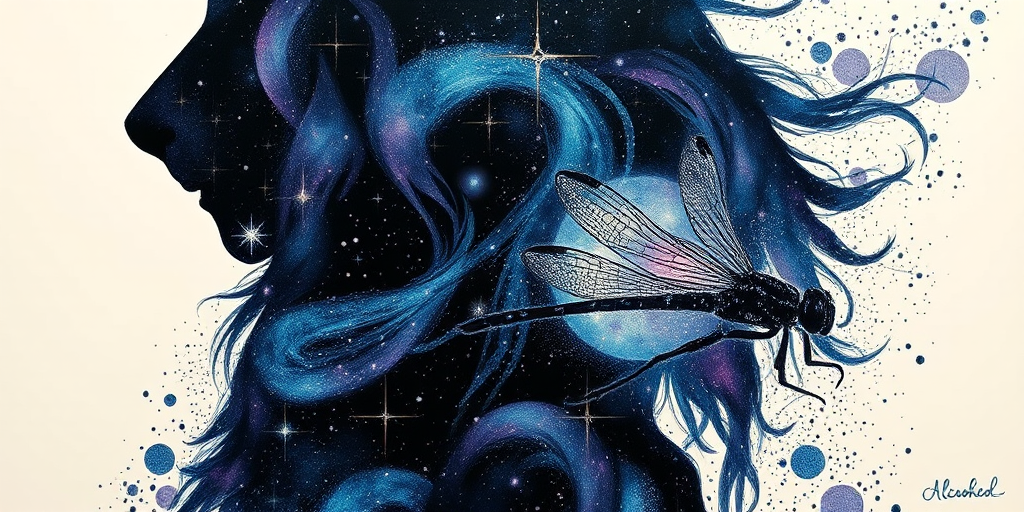 Captivating conceptual render alcohol ink art, double exposure, the paint strokes artfully merge combining a woman's full silhouette with a Delicate dragonfly's silhouette. The figures are composed of a series of colored dots, lines & spots that evoke the image of a cosmic galaxy, colors are deep shades of blue purple & black with flashes of white & silver representing distant stars. The woman's silhouette is formed within the lion's silhouette from constellations of scattered stars, surreal