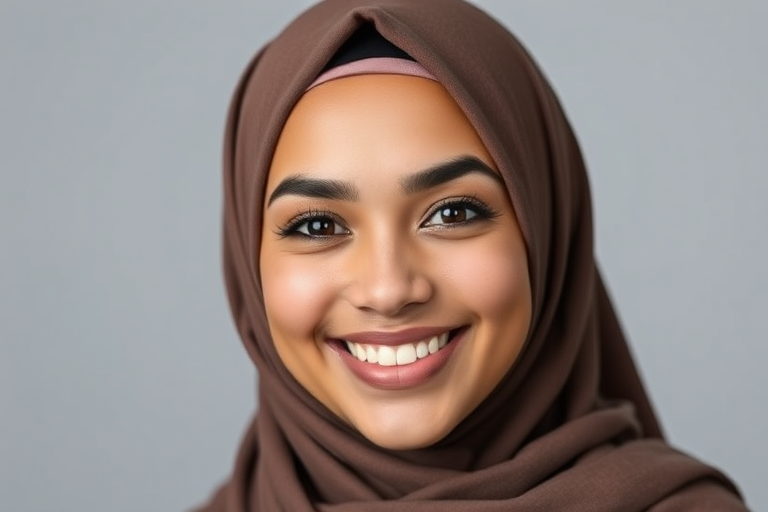 Generate a high-resolution digital portrait of a smiling woman wearing a hijab, in a minimalist style with a soft grey background, using a DSLR camera set to 50mm lens, f/1.8 aperture, ISO 200, studio lighting for even illumination, focusing on vivid colors and clear facial features.