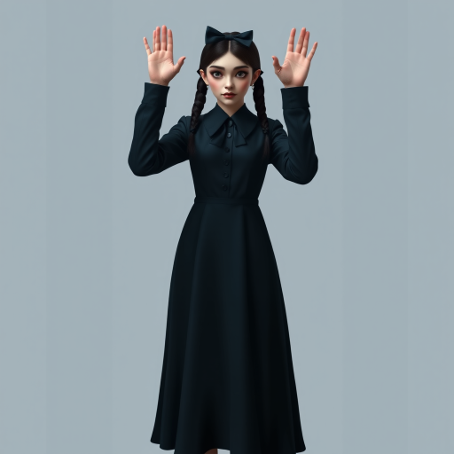 Digital art, full height portrait of Wednesday Addams, standing up with her hands in the air as if in a hold-up. Her dark, gothic attire replaces Alice’s classic blue dress, and she wears black shoes instead of blue. A small, neat black bow adorns her hair, capturing her signature style. The overall composition maintains a whimsical yet eerie tone, similar to Alice in Wonderland, while showcasing Wednesday’s iconic gothic charm.