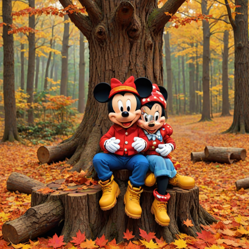 create a cartoon style of Mickey and Minnie wear Fall theme colored sweat suits with timberland boots and Bernie hats sitting together on a big tree stump surrounded by large color pile of raked leaves