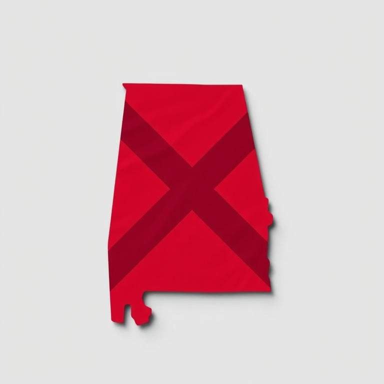 Create a high-resolution illustration of the state of Alabama featuring its flag design with a diagonal cross, using a 50mm lens, f/8 aperture, ISO 100, in a flat lay style, shot with a DSLR camera.
