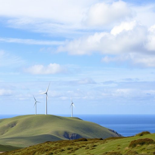 Capture a scenic landscape of wind turbines on a grassy hill under a partly cloudy sky, with a tranquil blue ocean in the foreground, using a DSLR camera with a 24mm lens at f/8, ISO 100, and a shutter speed of 1/250s, taken from a slightly elevated angle for a panoramic view.