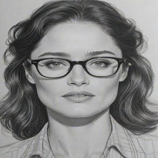 Attractive Robin Tunney, pencil sketch, portrait of Sublime woman 1949s in glasses, hair style beatnik, outline, clear lines, fine lines, 8k
