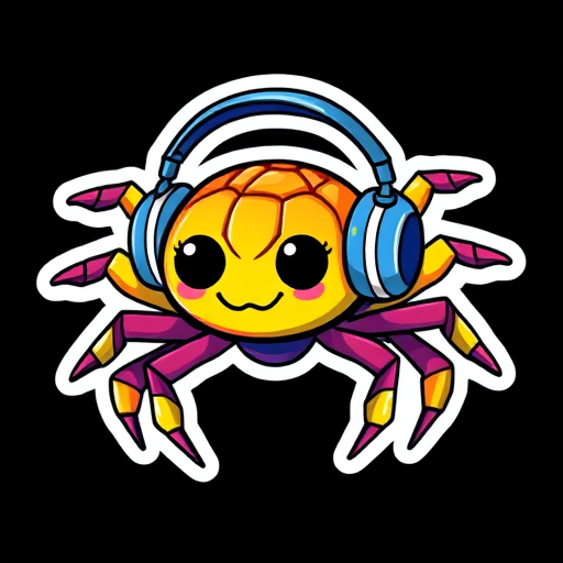 imagine sticker, Happy Colorful Spider wearing Headphones, kawaii, contour, vector, black background