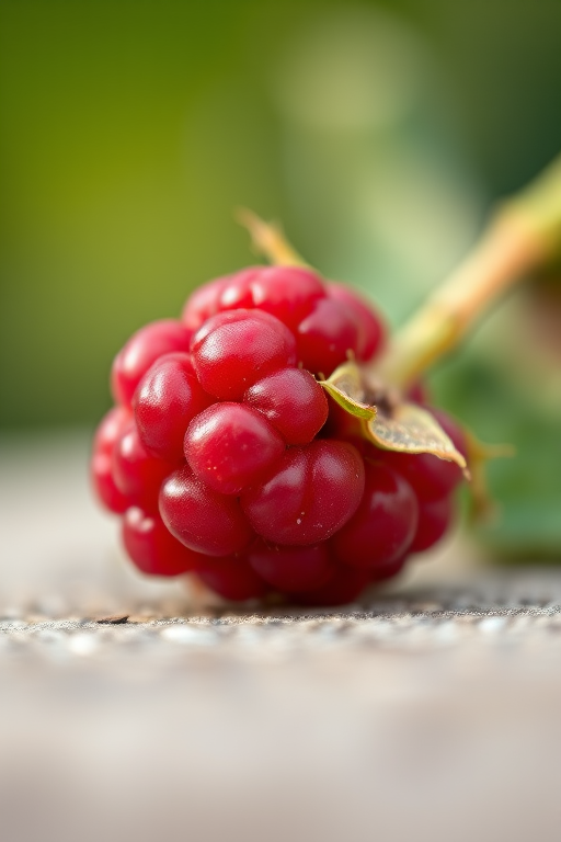 Close-up of a ripe raspberry on a blurred background with soft bokeh, captured with a Canon EOS 5D Mark IV, 100mm f/2.8 macro lens, aperture f/2.8, shutter speed 1/200s, ISO 100, natural light.