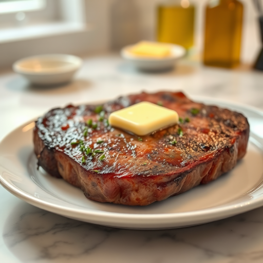 Create an image of a perfectly seared ribeye steak, resting on a white plate with a pat of melting butter on top. The steak is seasoned with fresh herbs like thyme and parsley, with glistening juices highlighting the texture of the meat. The background features a soft focus on a light, marble countertop, with a small dish of butter and an olive oil bottle in the distance. The overall mood should be warm and inviting, capturing the deliciousness and juiciness of the steak.