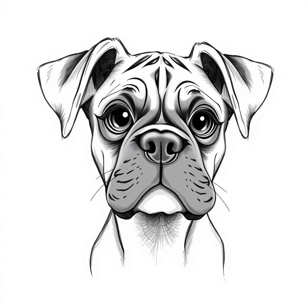 A doodle style pencil sketch illustration of a beautiful young Boxer dog, with large eyes and exaggerated facial features. White background