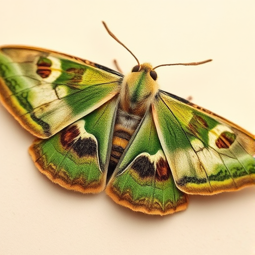 Capture a detailed illustration of a moth with green and brown patterns on a soft beige background, use a macro lens for close-up detail, aperture set to f/8 for depth of field, ISO 100 for minimal noise, and a soft diffused natural light for even illumination.