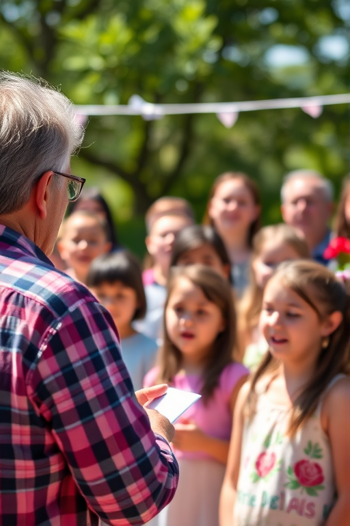 Capture a vibrant outdoor choir performance scene with children singing, using a DSLR camera with a 50mm lens, aperture f/2.8, shutter speed 1/500s, ISO 100, in bright daylight, with a shallow depth of field to focus on the choir leader and the children, ensuring the background is softly blurred for emphasis.