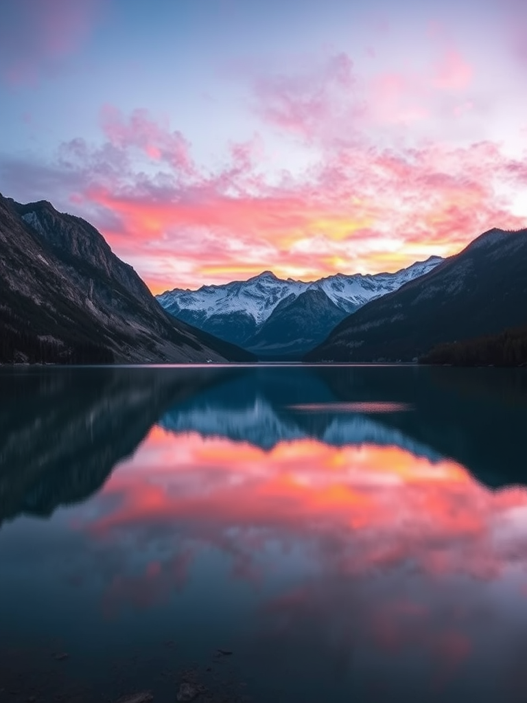 Create a serene landscape featuring a calm lake surrounded by mountains during sunset, with vibrant colors reflecting on the water, using a DSLR camera with a 35mm lens, f/8 aperture, ISO 100, and a shutter speed of 1/200s for enhanced image quality.