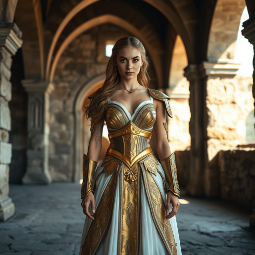 A regal warrior woman in a stunning golden and white gown stands in an ancient stone castle with intricate arches and shadows, natural light highlights her features; camera settings: f/2.8, ISO 100, 1/200s; camera view: medium shot; camera style: cinematic; camera type: DSLR.
