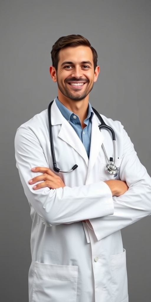 Generate a portrait of a smiling male doctor in a white coat with a stethoscope around his neck, standing confidently with arms crossed, against a neutral gray background, using a Canon EOS R5 camera, 50mm lens, f/1.8 aperture, ISO 100, and natural lighting for a professional look.