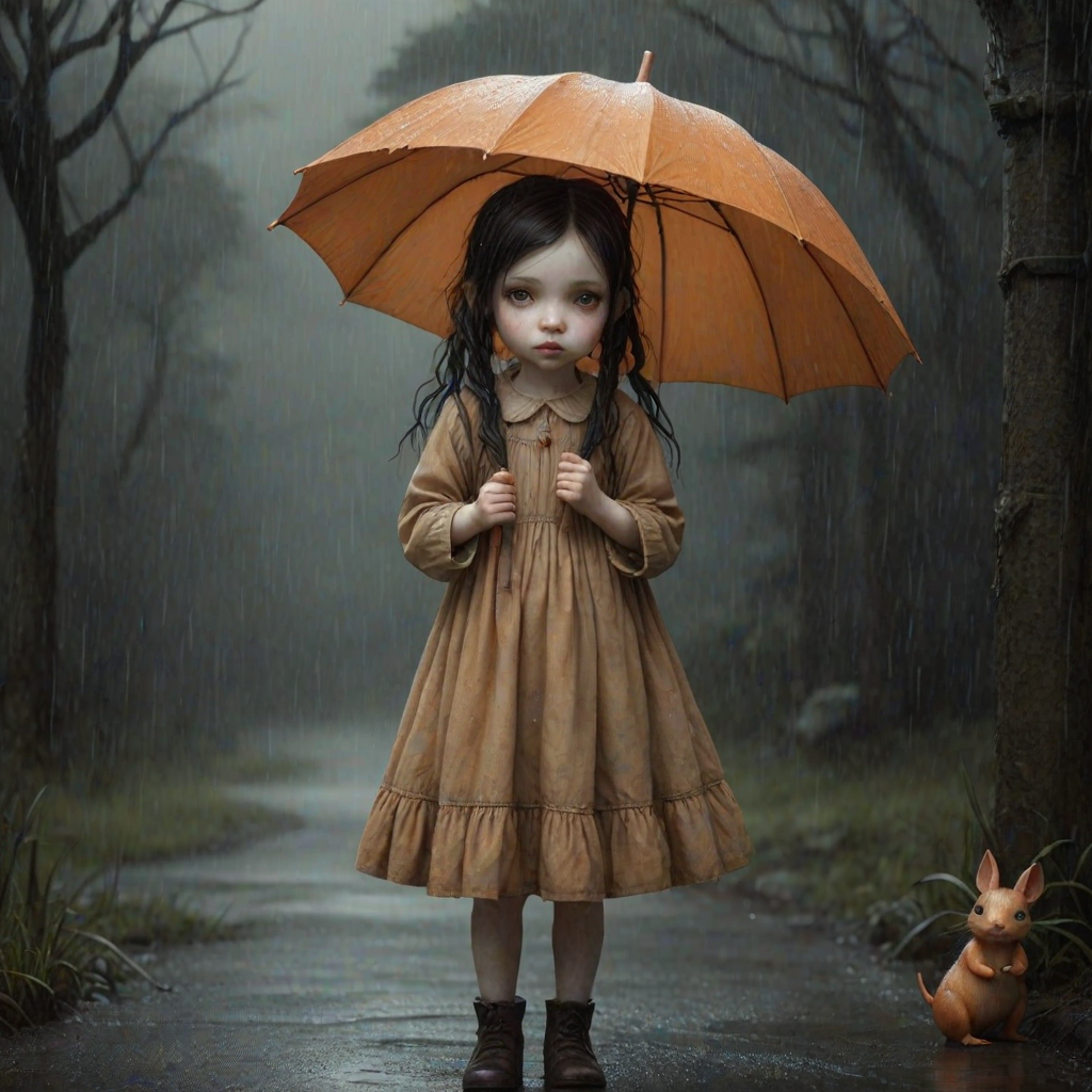An eerie, weird little girl with dark hair in thin pigtails, wearing a smock dress, standing in the rain, holding a dirty orange umbrella, a small, odd creature beside her. In a surreal style inspired by Nicoletta Ceccoli and Brian Froud. Dark fantasy themes