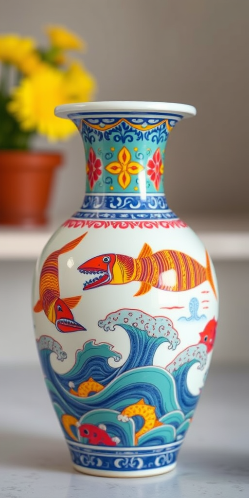 A brightly colored ceramic vase with intricate designs of fish and waves, shot with a Canon EOS R5, 50mm lens, f/1.8 aperture, 1/100 sec shutter speed, neutral lighting, centered composition, high dynamic range for enhanced details.