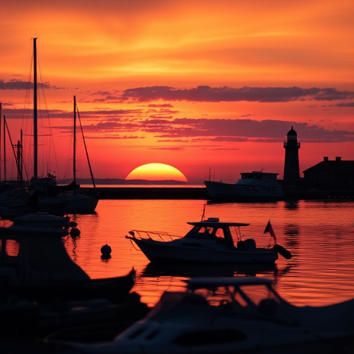 Capture a vibrant sunset over a tranquil harbor with silhouetted boats and a lighthouse, focus on warm hues of orange and pink, use a Canon EOS R5 with a 24-70mm f/2.8 lens, aperture f/11, shutter speed 1/200s, ISO 200, shot from a low angle to emphasize foreground details and reflections on the water.