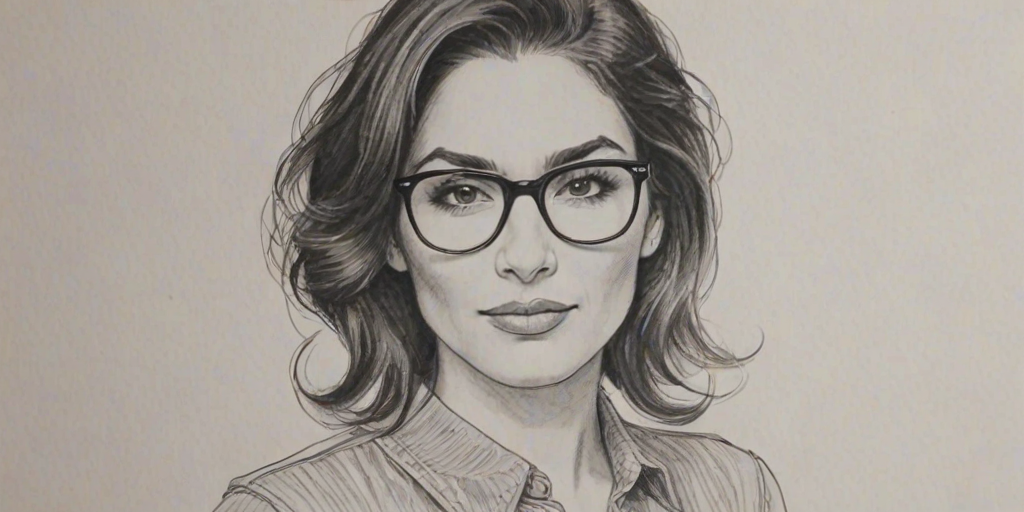 Exquisite Lela Loren, pencil sketch, portrait of Splendid woman 1966s in glasses, hair style beatnik, outline, clear lines, fine lines, 8k
