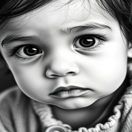 A hyperdetailed photorealistic black and white sketch of a beautiful toddler with deep black eyes, with a macro focus