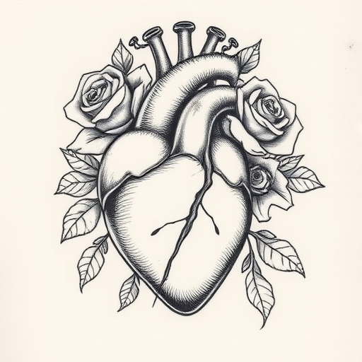 Vintage etching-style tattoo showcasing a detailed anatomical heart intertwined with blooming roses, rendered in fine line work and subtle shading for a timeless monochromatic piece