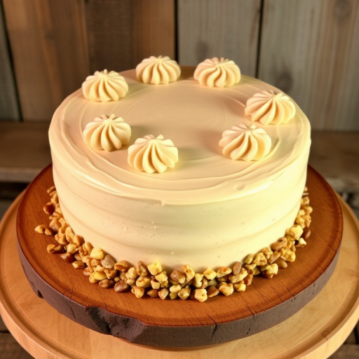 A delicious round cake with a smooth beige frosting decorated with swirls on top and chopped nuts around the base sitting on a wooden cake stand with a rustic background.
