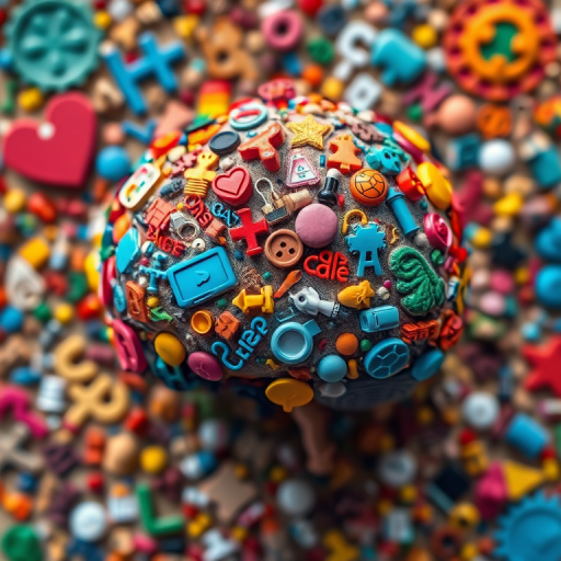 Create a colorful mosaic of a brain filled with various everyday objects and symbols, using a macro lens at f/2.8 aperture, with a shallow depth of field for details, shot from a top-down view on a Canon EOS R5 camera, emphasizing vivid colors and intricate patterns.