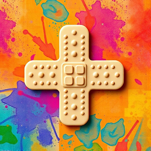 Create an illustration of a colorful band-aid with a dotted pattern on a vibrant background, shot with a DSLR camera at f/2.8, 50mm lens, ISO 100, in high resolution, top-down view style for enhanced clarity and detail.