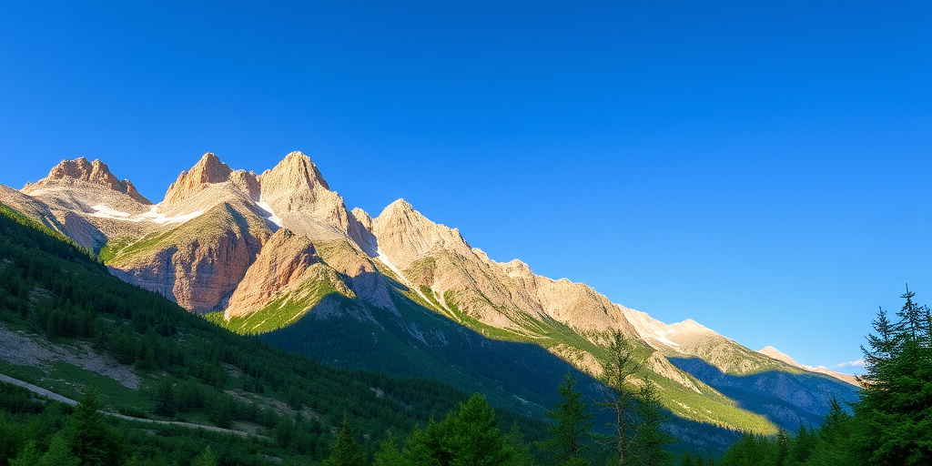 Capture a high-resolution image of a mountainous landscape under a clear blue sky, with lush green foreground, using a DSLR camera with a focal length of 24mm, aperture set to f/8, ISO 100, and a polarizing filter to enhance colors.