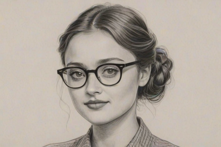 Resplendent Ella Purnell, pencil sketch, portrait of Fetching woman 1949s in glasses, hair style beatnik, outline, clear lines, fine lines, 8k