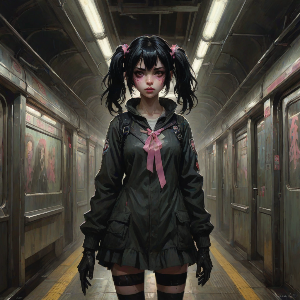 Darkness, horror, creepy, Impressionist Anime painting, metro 2033, disease, mine - type, mass - produced type, cross, slanted eyes, thick coating, twintails, ribbon, black hair, pink eyes, on metro station interior, horror movie atmosphere, dramatic light atmosphere, by Malcolm Liepke, Casey Baugh, jujin ito, and Nick Alm
