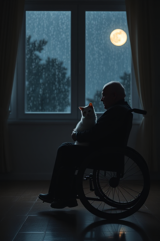 Create a moody indoor scene featuring an elderly man in a wheelchair holding a cat, with a large window showing rain and moonlight, using a Canon EOS R5, 50mm lens, f/1.8 aperture, ISO 400, 1/60s shutter speed, captured from a low angle to emphasize the silhouette effect and soft ambient lighting.