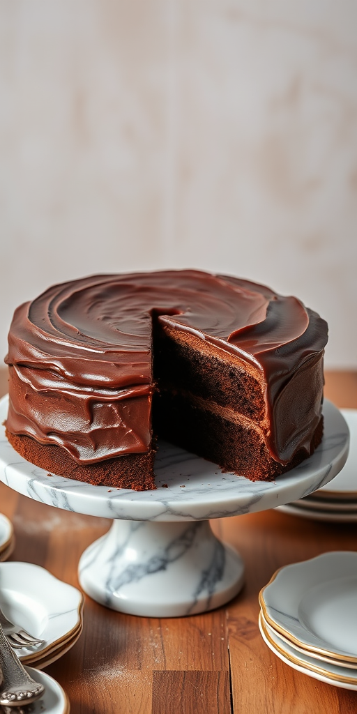A delicious chocolate cake with smooth chocolate frosting on a marble cake stand, showing a slice cut out revealing its moist texture, surrounded by elegant plates and a soft blurred background.