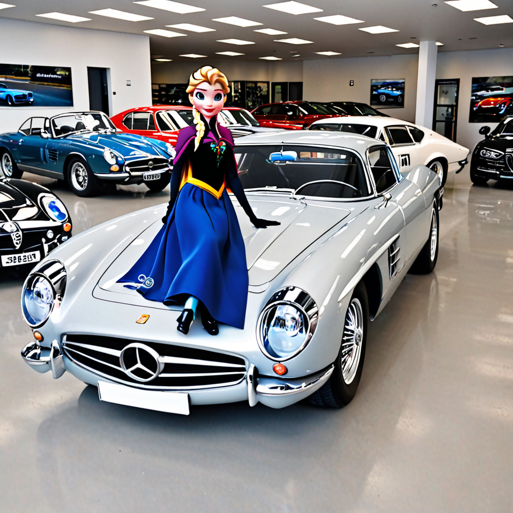 Elsa and Anna with sport car in showroom