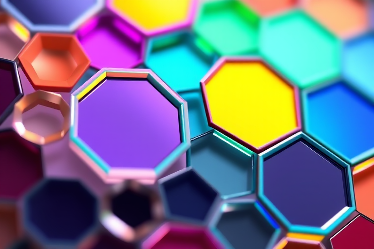 Create a high-resolution vector graphic of circular and hexagonal shapes with colorful gradients and a shiny metallic border, using a macro lens with a shallow depth of field, in soft natural lighting for enhanced detail and vibrancy.
